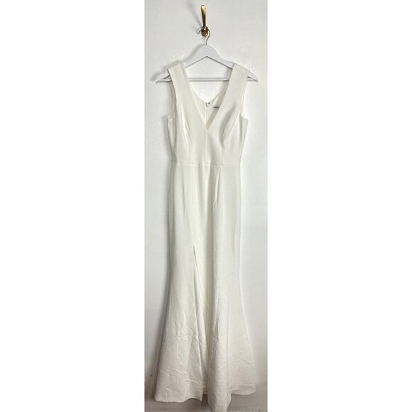 DRESS THE POPULATION Sandra Plunge Crepe Trumpet Gown in Off White Size Small - Picture 5 of 14